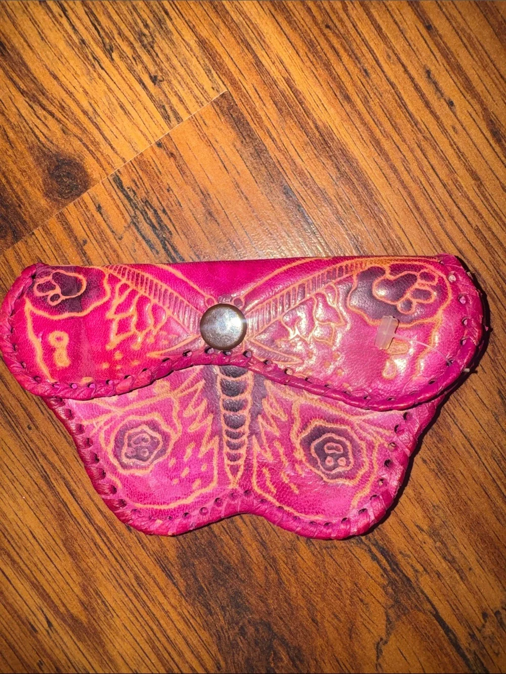 Handcrafted Pink Butterfly Leather Coin Pouch C1.Bk.R.2
